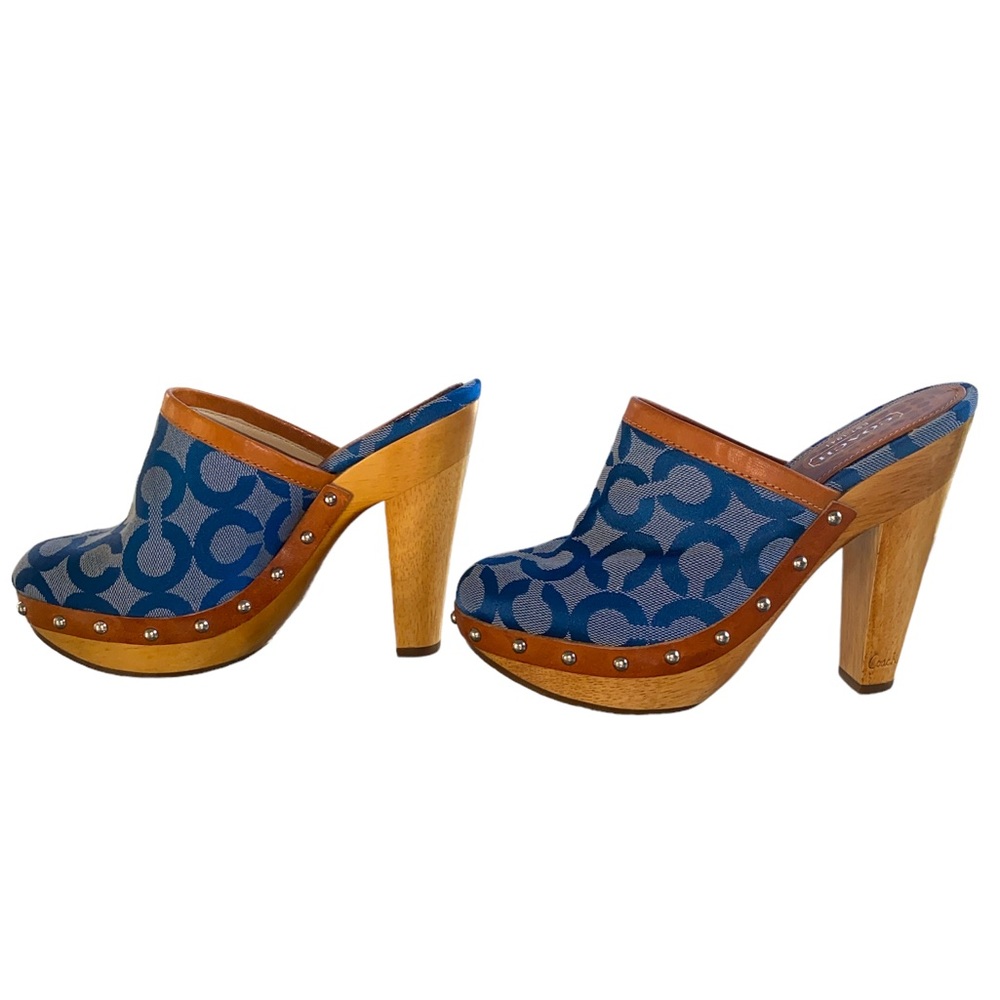 COACH Vintage Bacall Signature Logo Blue Platform Heeled Clogs Mules - 5 - Picture 3 of 14